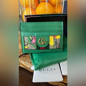 Gucci Authentic Card Case GG Pattern Gold Hardware Flora Ophidia NWT